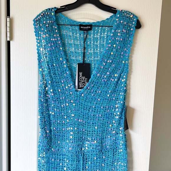 Retrofête Nirvana Aqua Blue Sequin Crochet Jumpsuit Sheer Wide-Leg M L NWT - Picture 5 of 8
